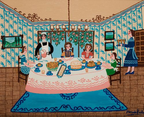 MERCEDES BARBA, "Merienda de niñas", Óleo sobre lienzo