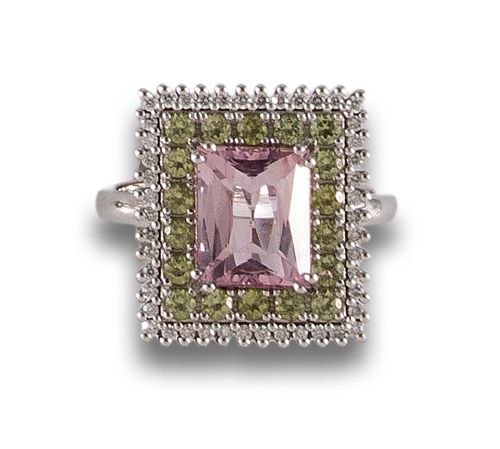 WHITE GOLD RING WITH MORGANITE, PERIDOTS AND DIAMONDS