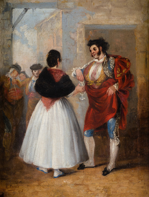 ESCUELA ESPAÑOLA S. XIX, "Maja y torero", Óleo sobre lienzo