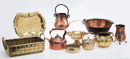 Collection of ten pieces of copper and gilded brass, Spain,