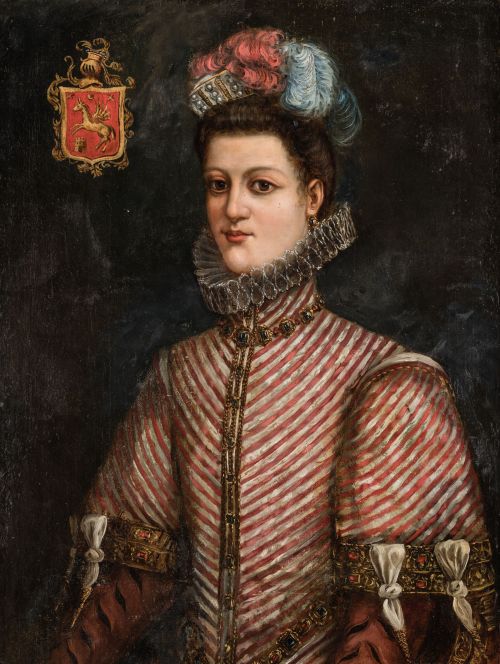 ANÓNIMO, "Retrato de dama con escudo nobiliario", Óleo sobr