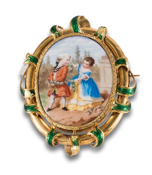 BROOCH 20TH CENTURY, IN GOLD, ENAMELS AND WOOD OF PEARL