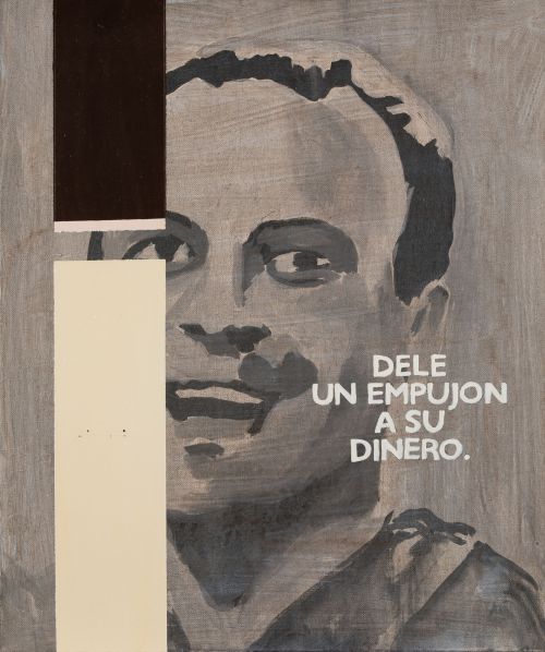 JUAN UGALDE, "Dale un empujón a su dinero", h.1989, Óleo so