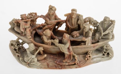 "Characters in a boat", soapstone group, China, 20th centur