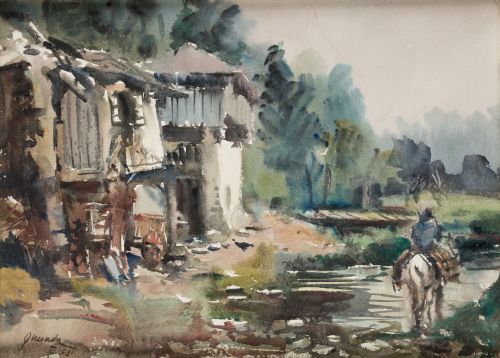 JULIO QUESADA GILABERT, "Pueblo con jinete junto a un rio",