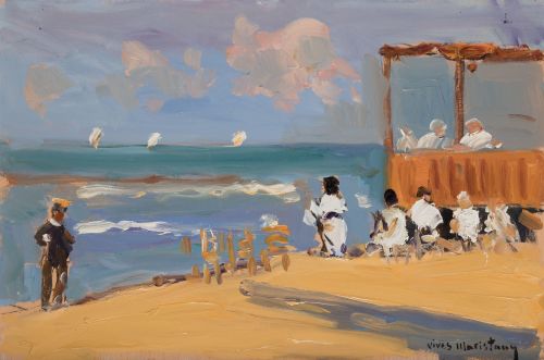 VIVES  MARISTANY, "Escena de playa", Óleo sobre tabla