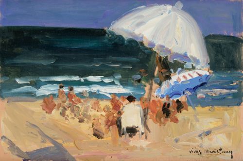 VIVES  MARISTANY, "Escena de playa", Óleo sobre tabla