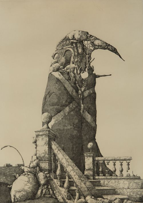 JOSÉ HERNÁNDEZ, "El monumento inacabado", 1975, Aguafuerte