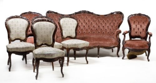 Canape, two armchairs and four Elizabethan mahogany chairs,