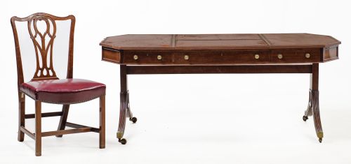 Sheraton style desk and Chippendale style chair, 20th centu