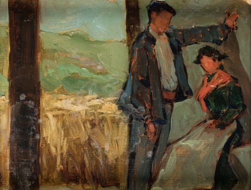 ESCUELA VASCA , "Pareja de campesinos", Óleo sobre lienzo a