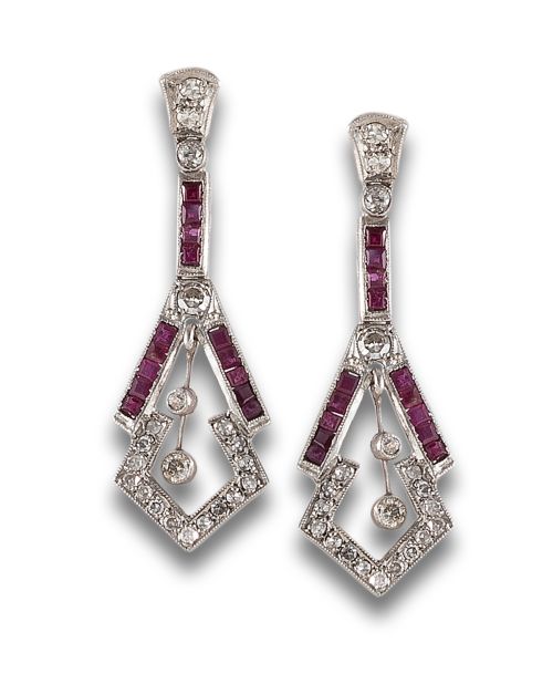 LONG EARRINGS, ART DECO STYLE, WITH DIAMONDS AND RUBIES, IN