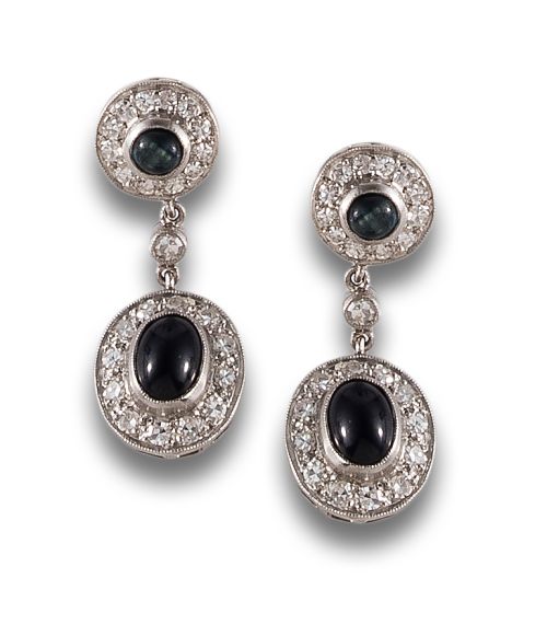 LONG, ANTIQUE STYLE, DIAMONDS AND SAPPHIRES, EARRINGS IN PL