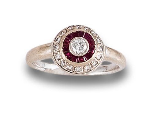 HALO RING WITH DIAMONDS AND RUBIES, IN WHITE GOLD