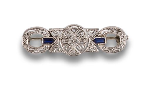 BROOCH, ART DECO STYLE WITH DIAMONDS AND SAPPHIRES, IN PLAT