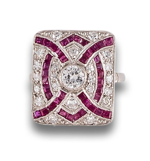 ART DECO STYLE COCKTAIL RING WITH DIAMONDS AND RUBIES IN PL