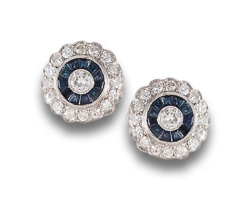 HALO EARRINGS, ART DECO STYLE, OF DIAMONDS AND SAPPHIRES, I