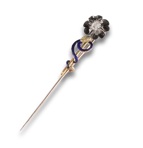 19th CENTURY PIN, ENAMEL AND DIAMOND, IN GOLD AND SILVER