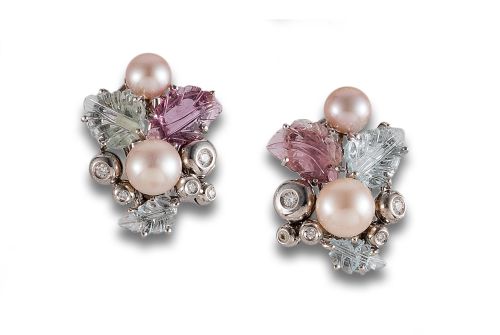 FLOWER EARRINGS WITH PEARLS, AQUAMARINES, TOURMALINES AND D