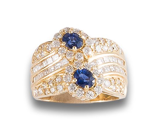 WIDE DOUBLE ROSETTE RING OF DIAMONDS AND SAPPHIRES, IN YELL