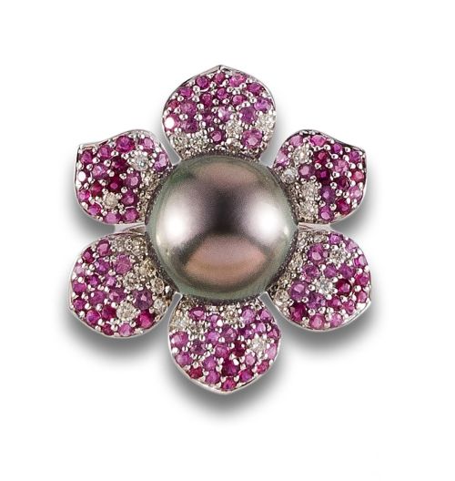 PEARL, DIAMONDS AND RUBIES FLOWER RING, IN WHITE GOLD