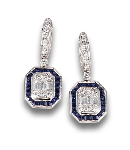 LONG EARRINGS, ART DECO STYLE, WITH DIAMONDS AND SAPPHIRES,