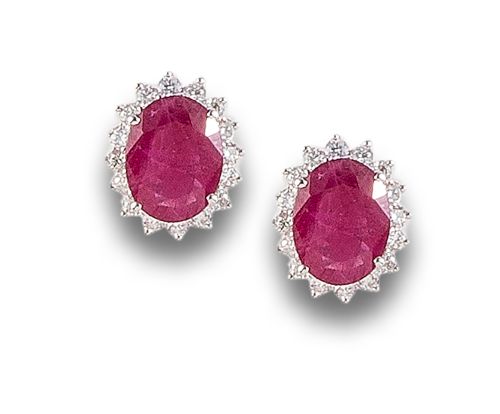 DIAMOND AND RUBY ROSETTE EARRINGS, IN WHITE GOLD