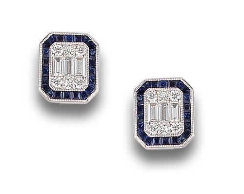 EARRINGS, ART DECO STYLE, WITH DIAMONDS AND SAPPHIRES, IN W