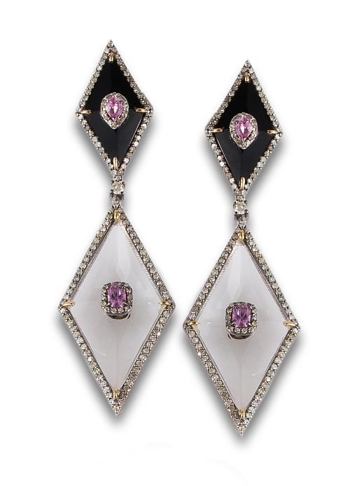 PENDIENTES LARGOS DE DIAMANTES, ZAFIRO ROSA, CRISTAL DE ROC