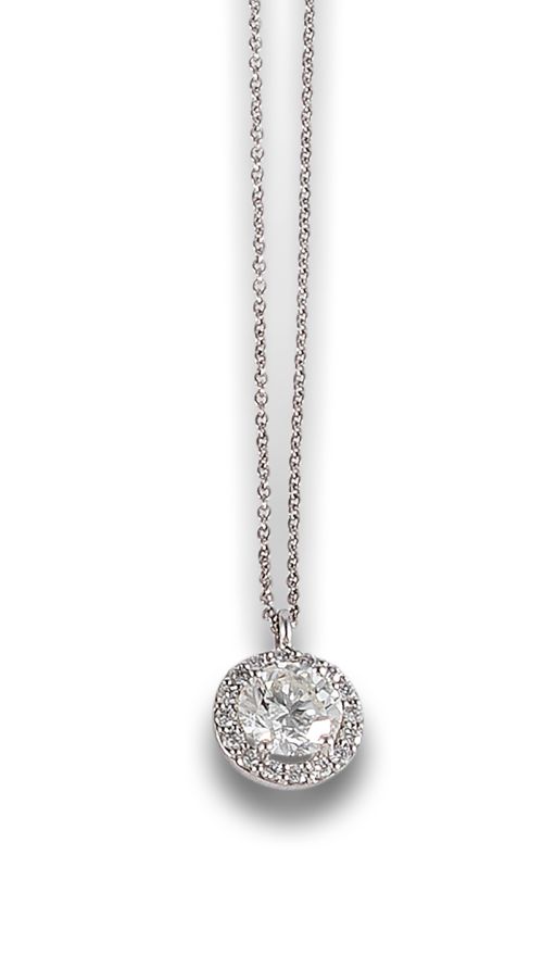 DIAMOND ROSETTE PENDANT, IN WHITE GOLD WITH CHAIN