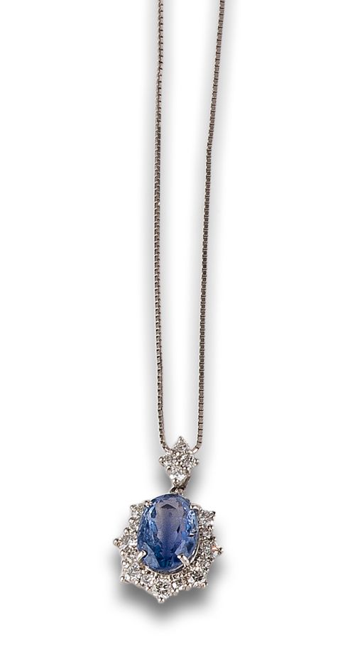 SAPPHIRE AND DIAMONDS ROSETTE PENDANT, IN PLATINUM WITH CHA