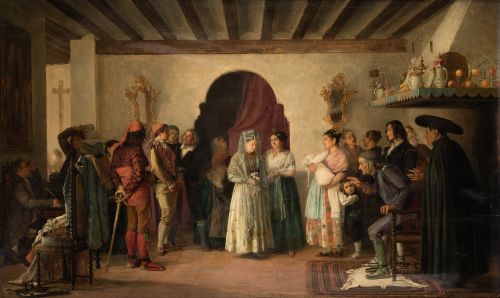 BERNARDO FERRÁNDIZ, "La boda", 1870, Óleo sobre tabla