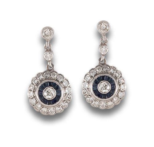 LONG HALO EARRINGS WITH DIAMONDS AND SAPPHIRES, IN PLATINUM