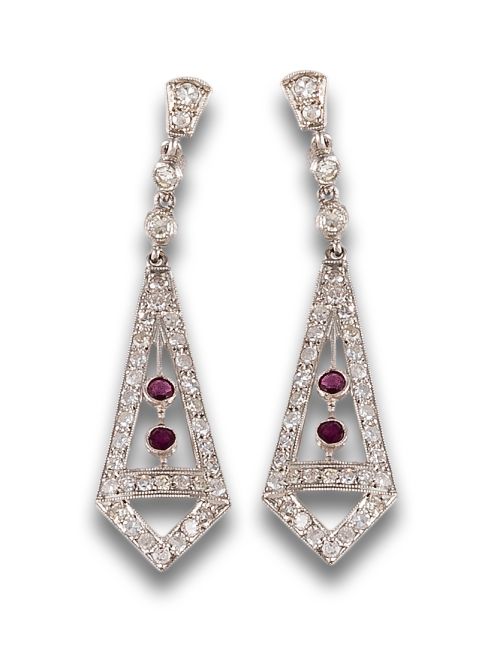 LONG ART DECO STYLE EARRINGS WITH DIAMONDS AND RUBIES IN PL