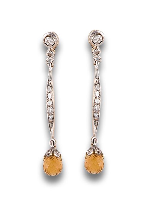 LONG EARRINGS, ANTIQUE STYLE WITH DIAMONDS AND TOPACES, IN