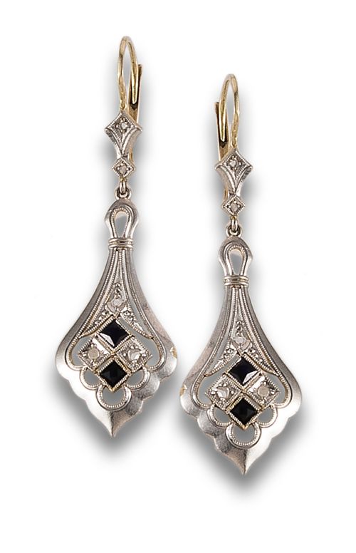 LONG EARRINGS, ANTIQUE STYLE OF DIAMOND AND SAPPHIRE, IN YE