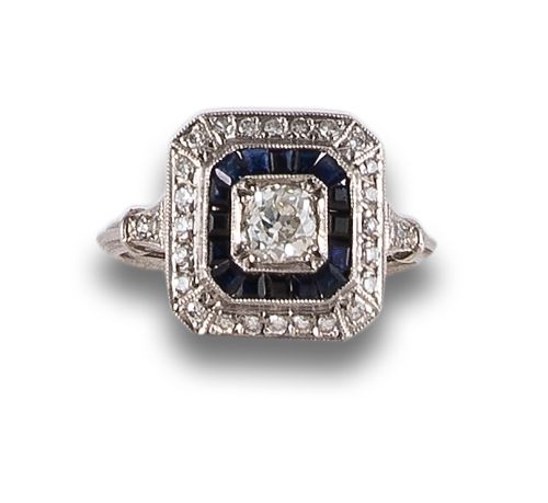 RING, ART DECO STYLE, WITH DIAMONDS AND SAPPHIRES, IN PLATI