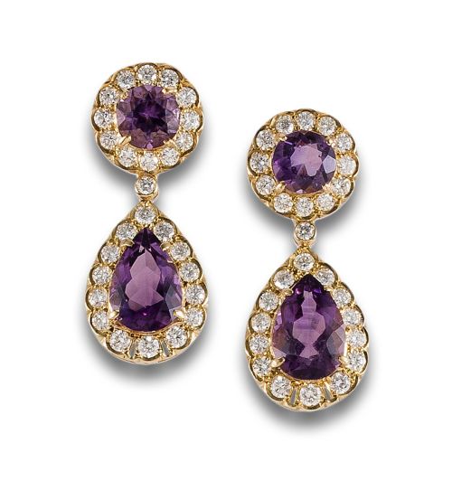 LONG DIAMONDS AND AMETHYST EARRINGS, IN YELLOW GOLD