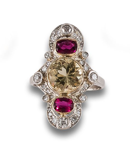 OLD STYLE COCKTAIL RING WITH DIAMONDS, RUBIES AND TOPAZ, IN