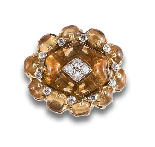 BOMBE RING WITH DIAMONDS AND TOPACES, IN YELLOW GOLD