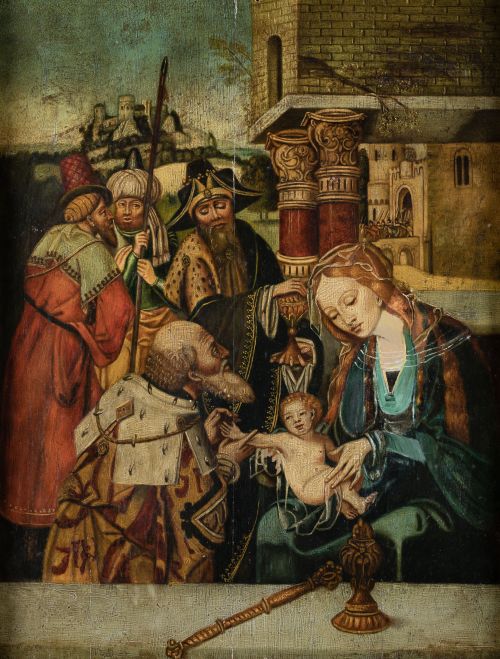 ANÓNIMO, "Adoración de los Reyes Magos", Óleo sobre tabla.