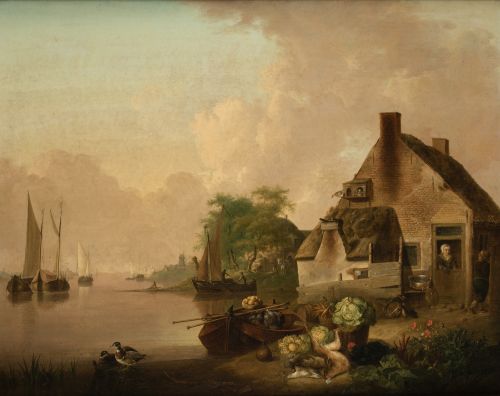 JAN VAN OS, "Casa junto al lago", Óleo sobre lienzo