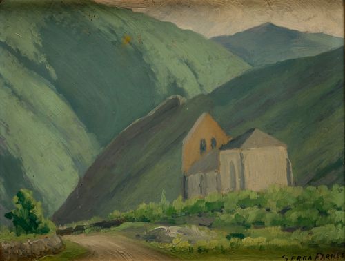 PEDRO SERRA FARNÉS, "Paisaje montañoso con iglesia", Óleo s