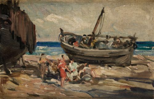 ESCUELA ESPAÑOLA, "Barcas y personajes junto al mar", Óleo