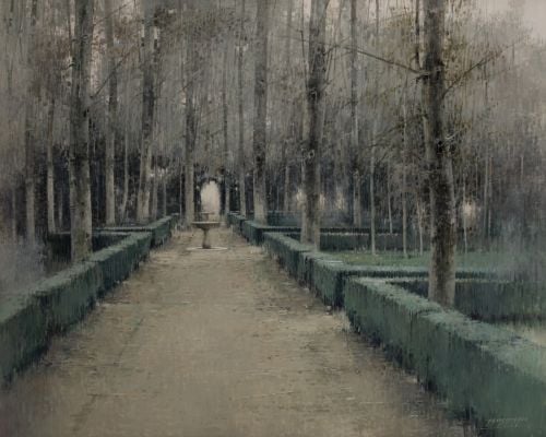 CARLOS MORAGO, "Parque arbolado", Óleo sobre tabla