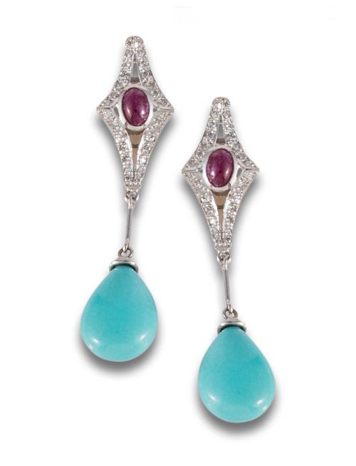 WHITE GOLD EARRINGS WITH DIAMONDS, RUBIES AND TURQUOISE