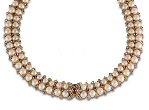 GOLD PEARL CHOKER WITH DIAMONDS AND RUBIES