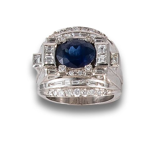 CHEVALIER STYLE RING IN PLATINUM WITH SAPPHIRE AND DIAMONDS