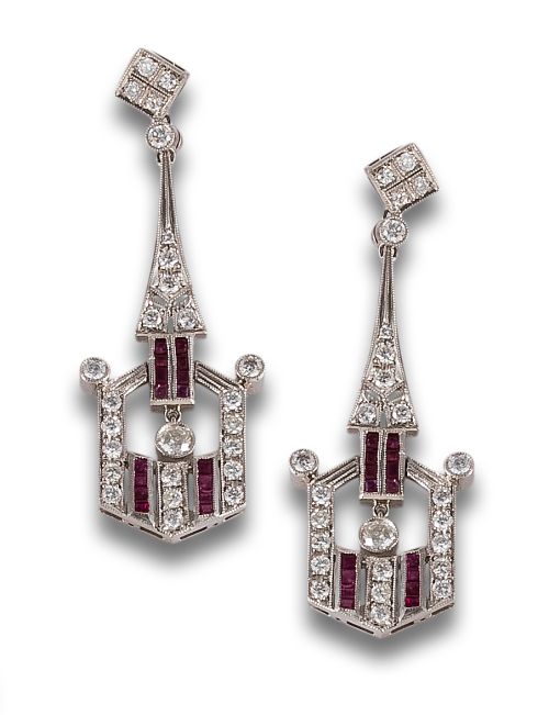 LONG ART DECO STYLE EARRINGS WITH DIAMONDS AND RUBIES IN PL