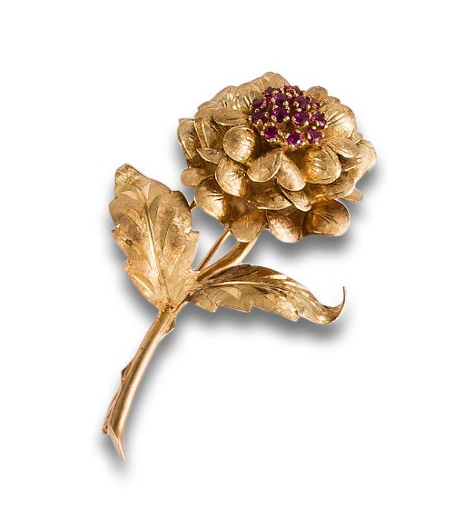 BROCHE FLOR EN ORO Y RUBÍES